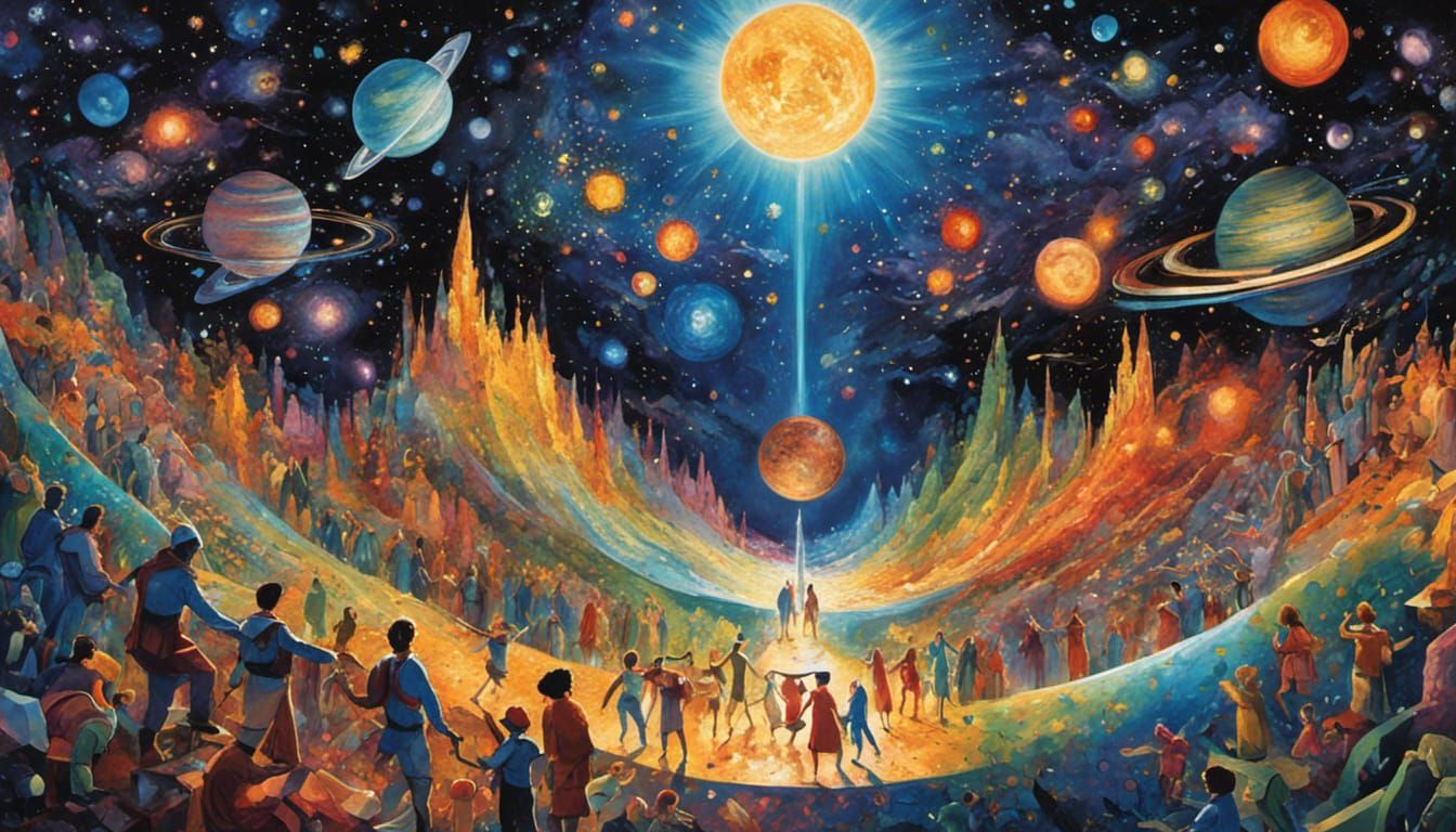 Interconnected Beings Build Cosmic Bridge in Graffiti Art