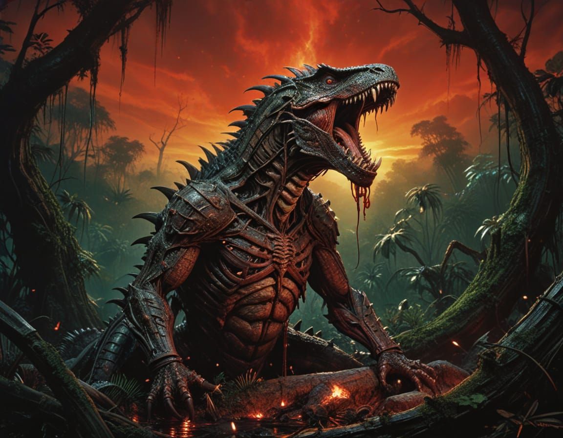 Grotesque Reptilian Creature in Decaying Jungle