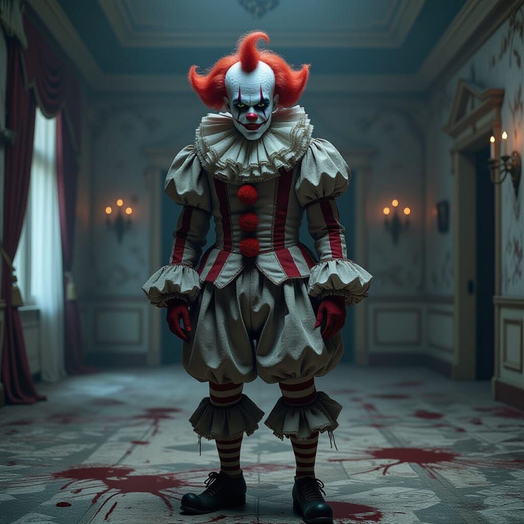 Grotesque Harlequin with Evil Face in Bloody Makeup