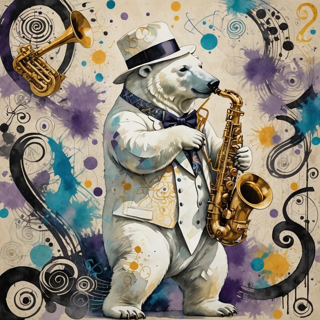 Polar Bear Jazz Saxophonist in Matisse Watercolor Style