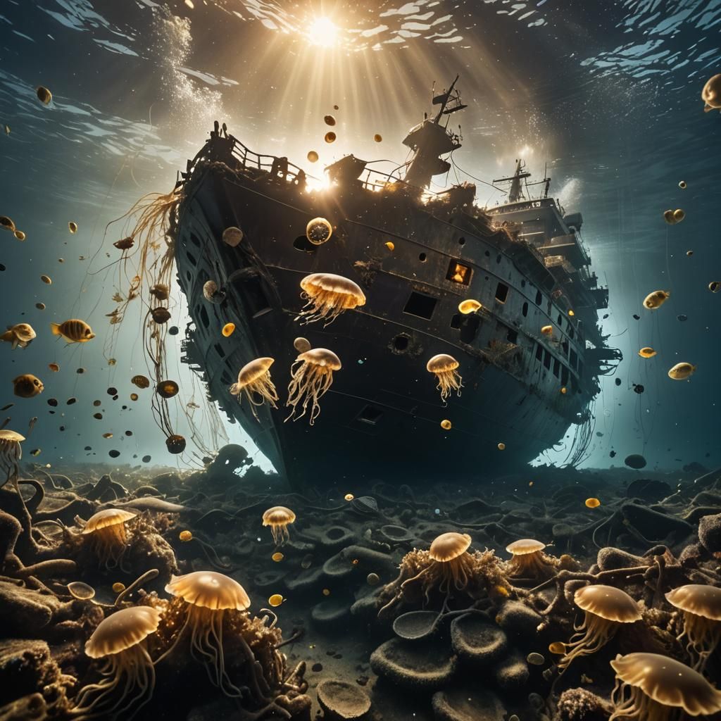 Surreal Sunken Ship in Ocean's Depths
