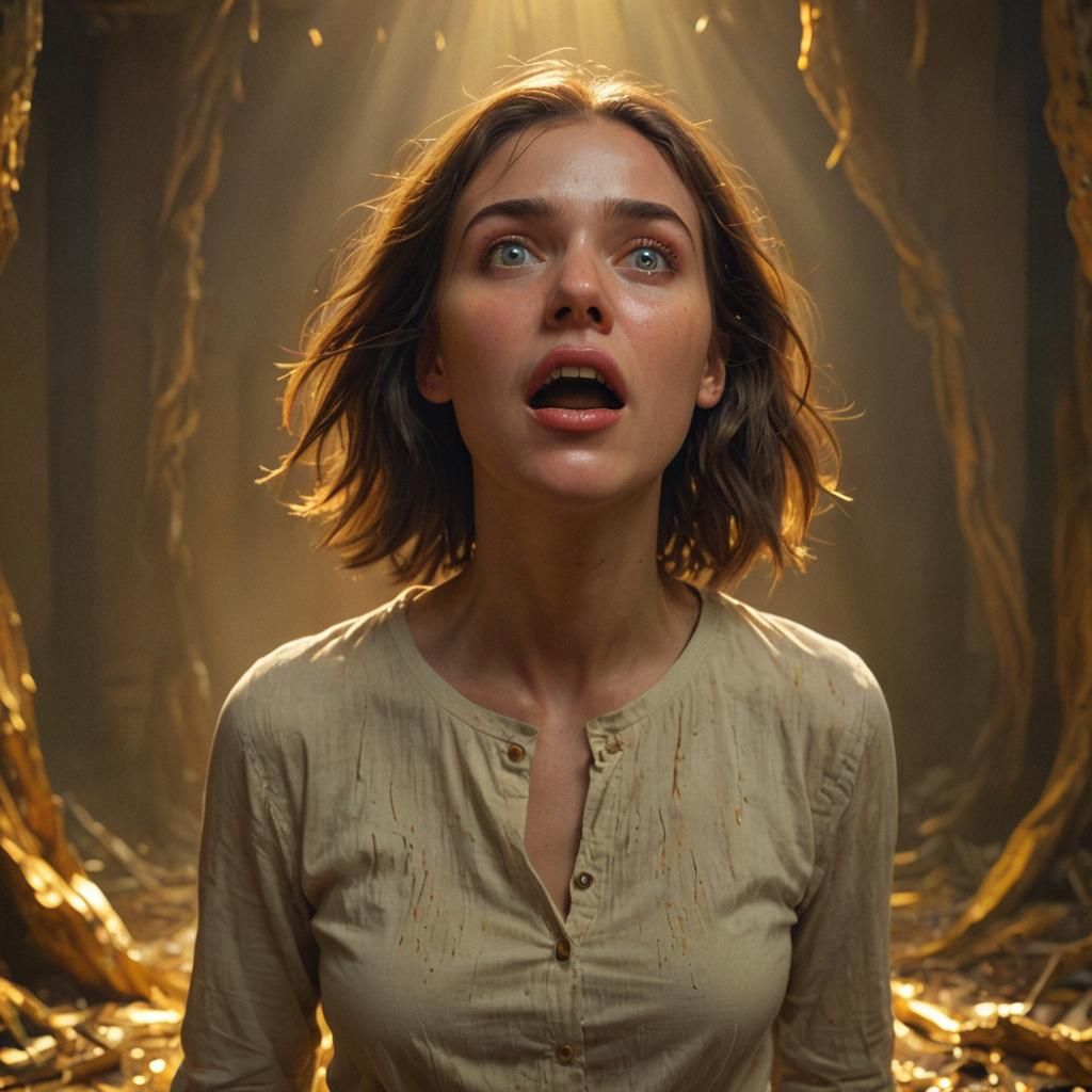 Frightened Woman in Surreal, Colorful Environment