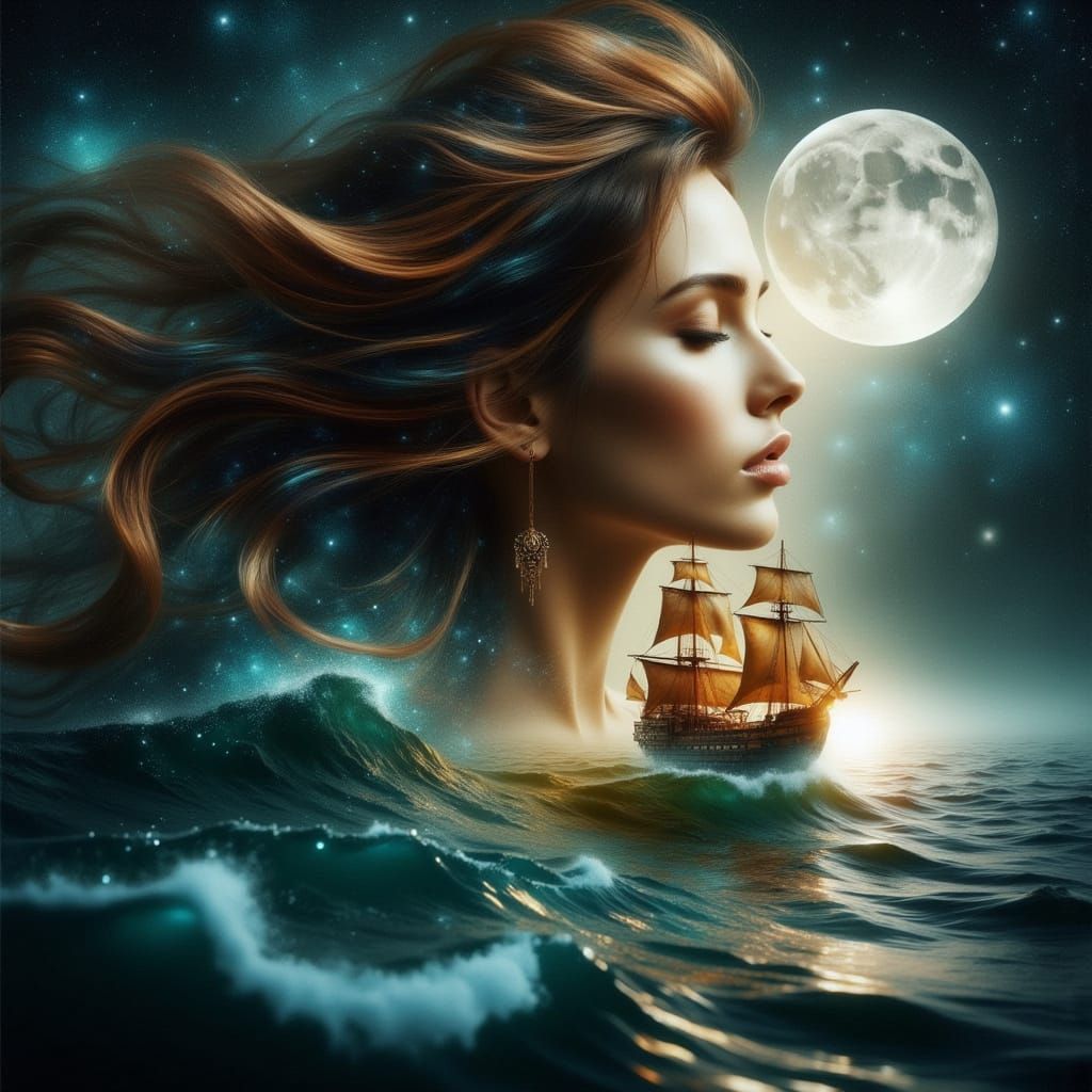 Ethereal Goddess Sails Cosmic Ocean in Double Exposure Maste...