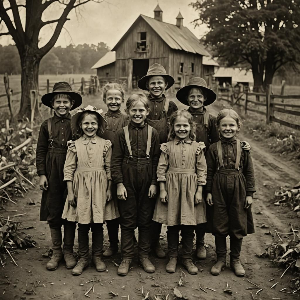 Wicked Smiling Spooky Farm Children: A 1900s Photo