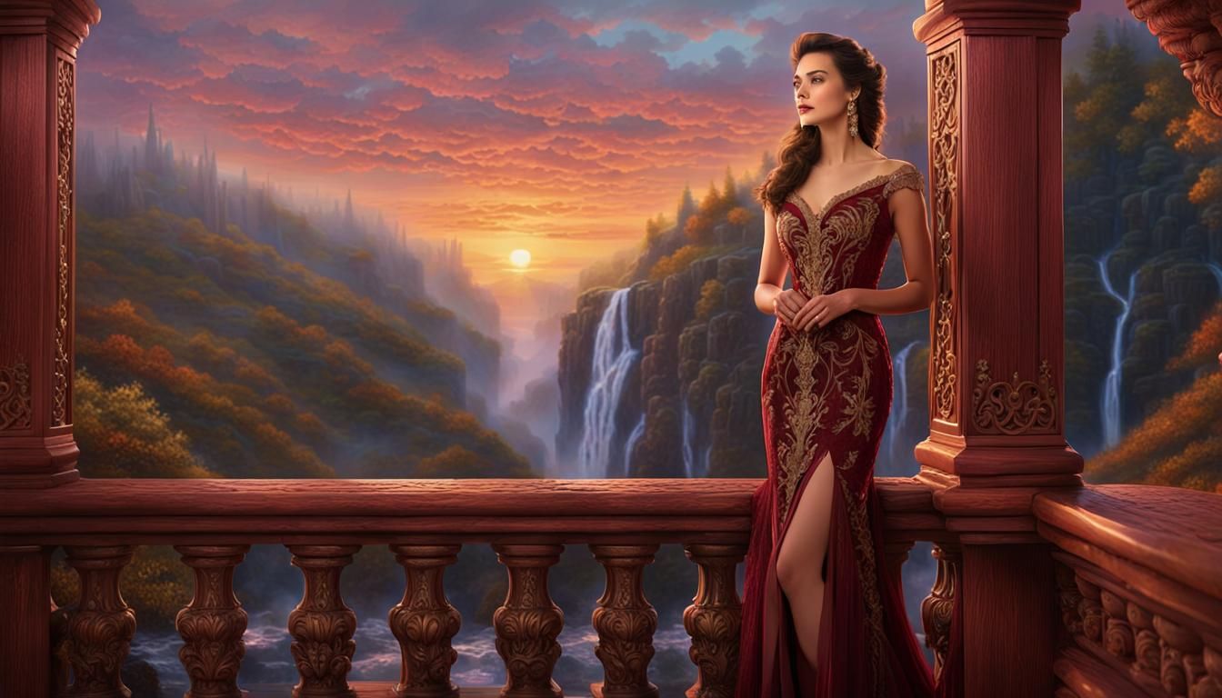 Brunette in Burgundy Gown Overlooking Deep Chasm