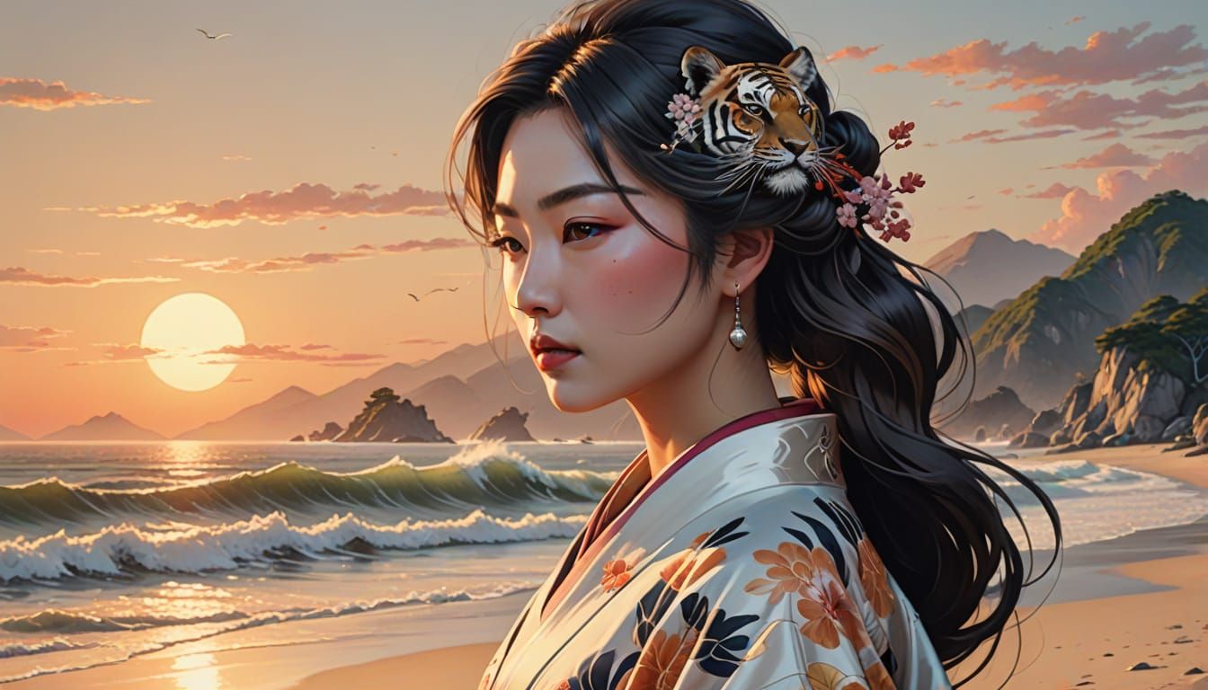 Japanese Woman in Kimono on Beach at Dusk in Anime Style