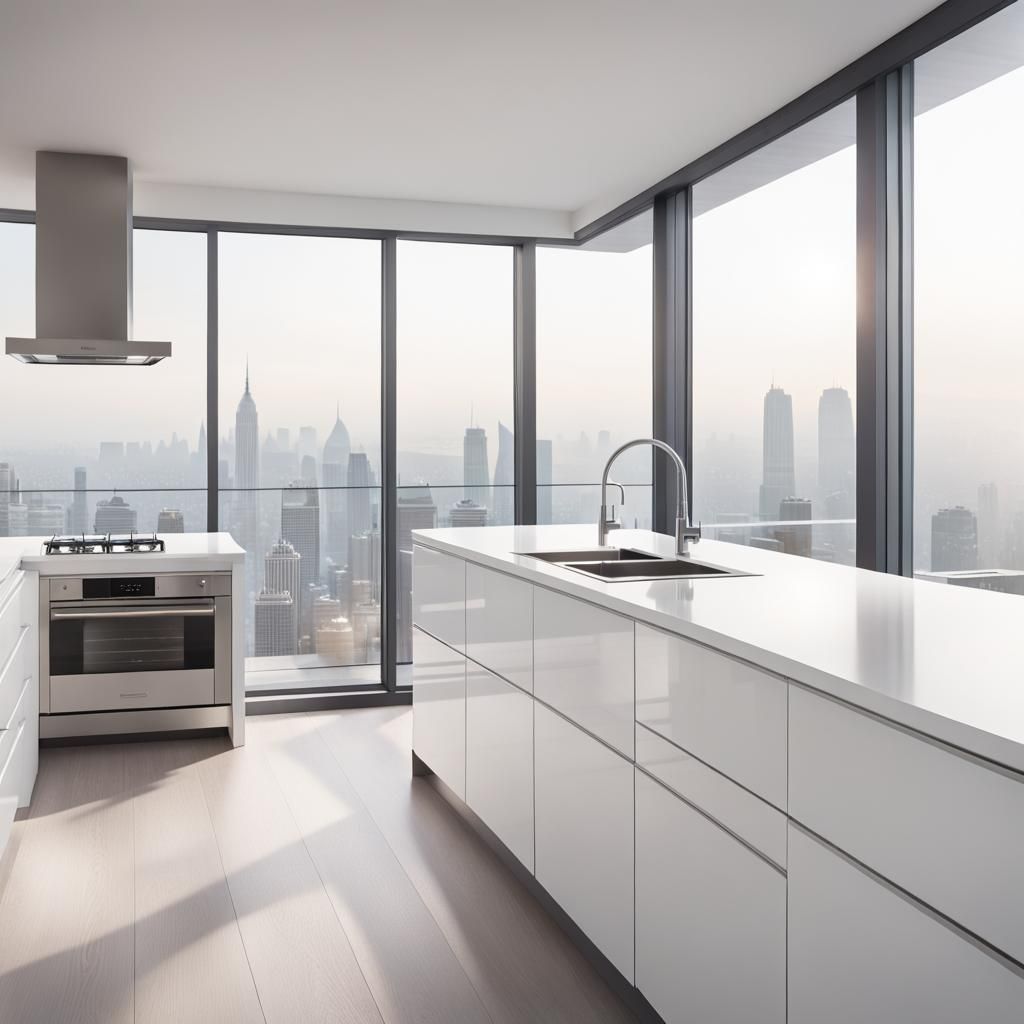 Penthouse Kitchen with City View on Foggy Day