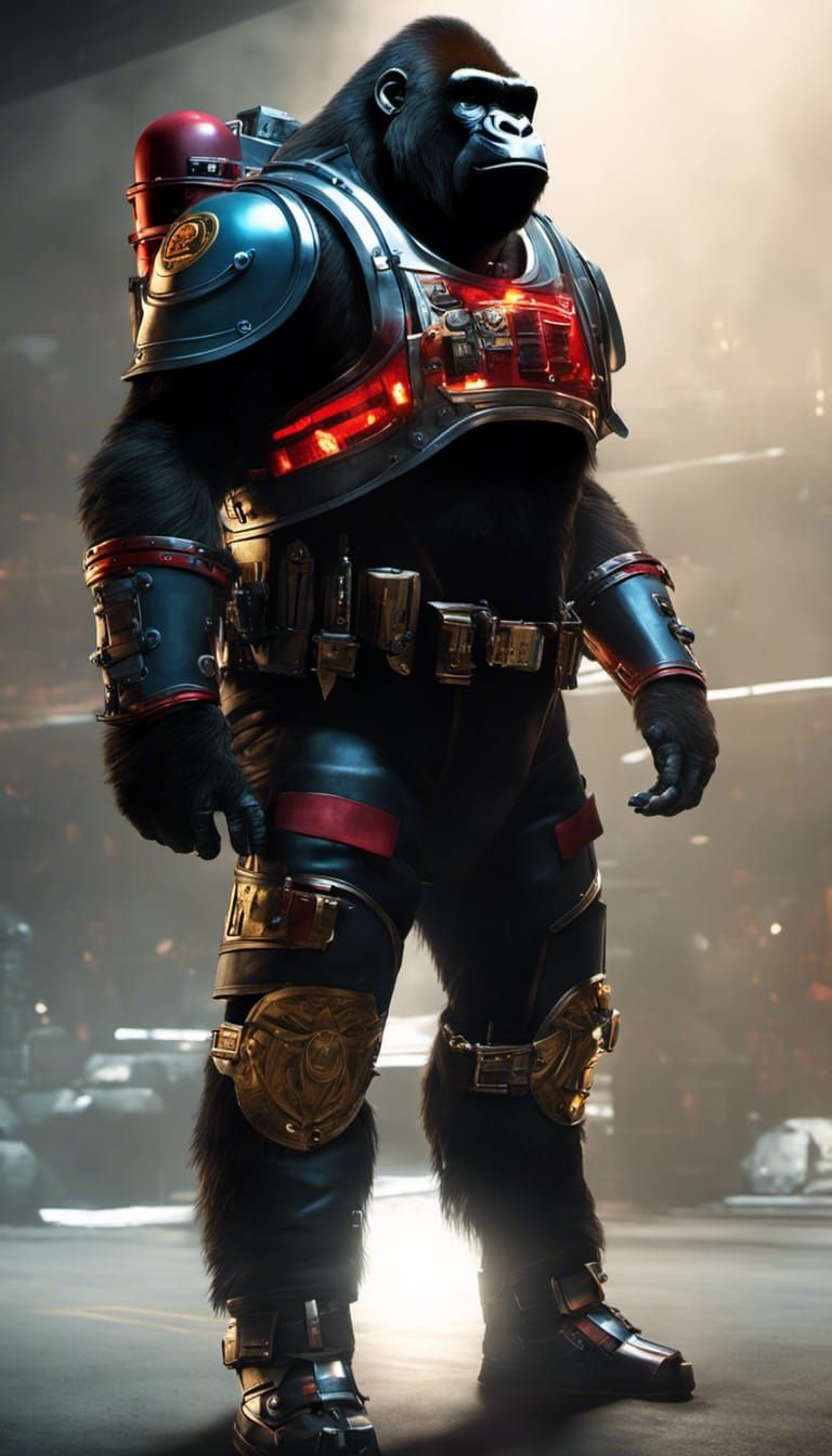 Cyberpunk Gorilla Fireman in Armor: Digital Concept Art