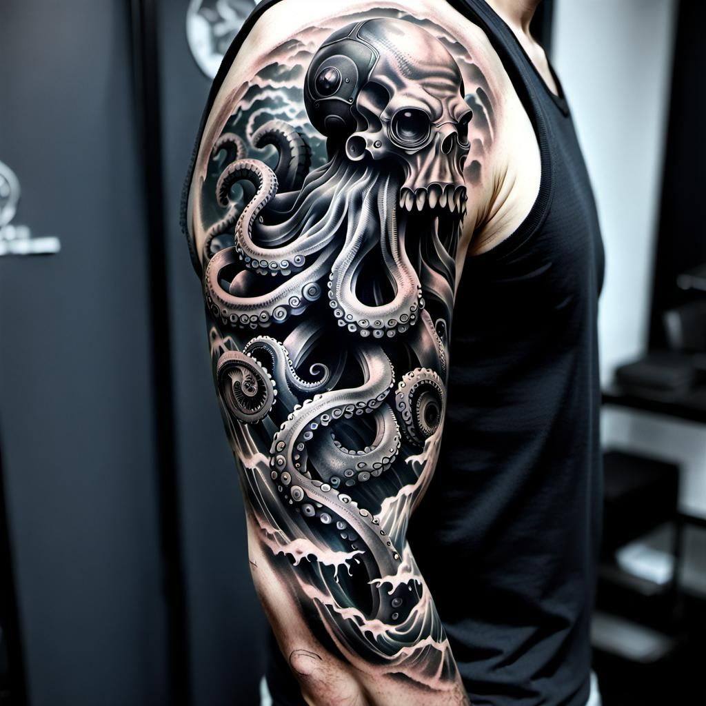 Mechanical Octopus Tattoo Sleeve in Black and Grey