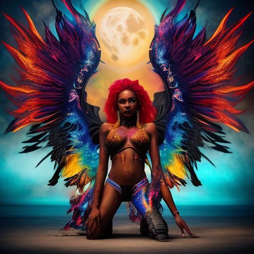 Fiery Winged Goddess in Starry Desert