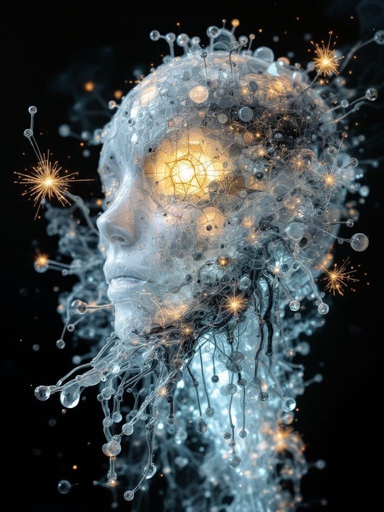 Troubled AI Sculpture with Glass and Sparks