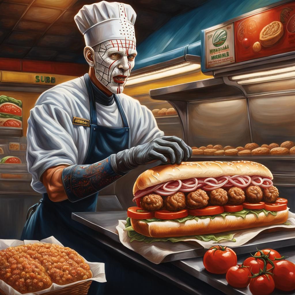 Pinhead's Subway Adventure: Hyperrealistic Hellraiser Scene