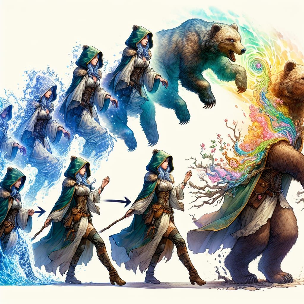 Fantasy Druid Shapeshifting into a Bear in Watercolor Style
