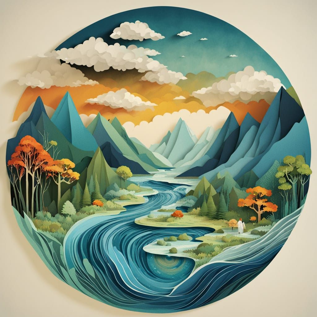 Maximalist Water Cycle Illustration in Sumi-e Style