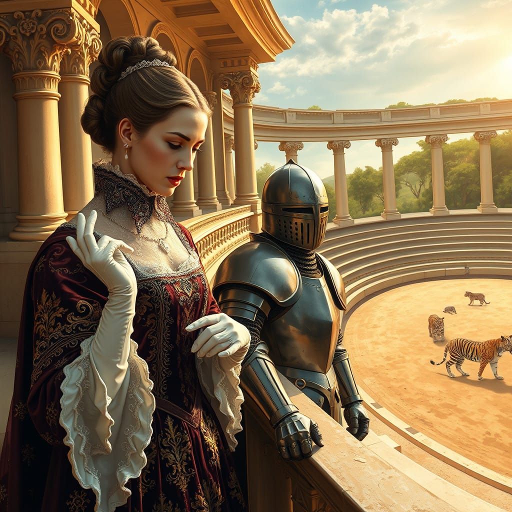 Elegant Noblewoman Condescends to Young Knight in Classical....