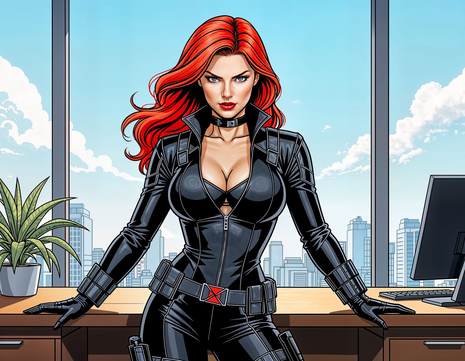 Woman with Red Hair in Black Uniform