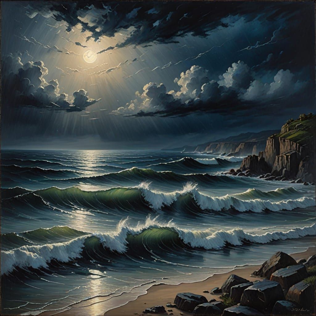 Stormy Moonlit Ocean Seascape with Ethereal Light
