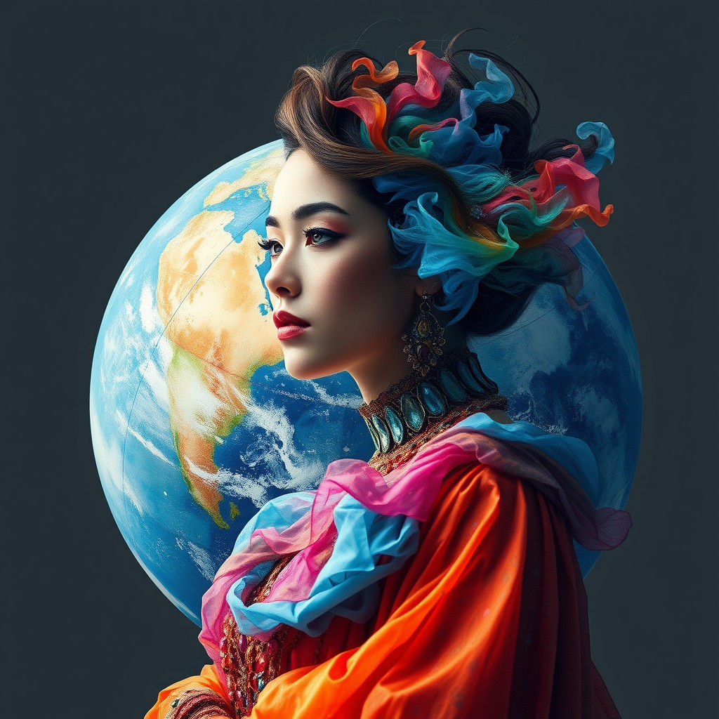 Woman Integrated into Globe with Watercolor Effect