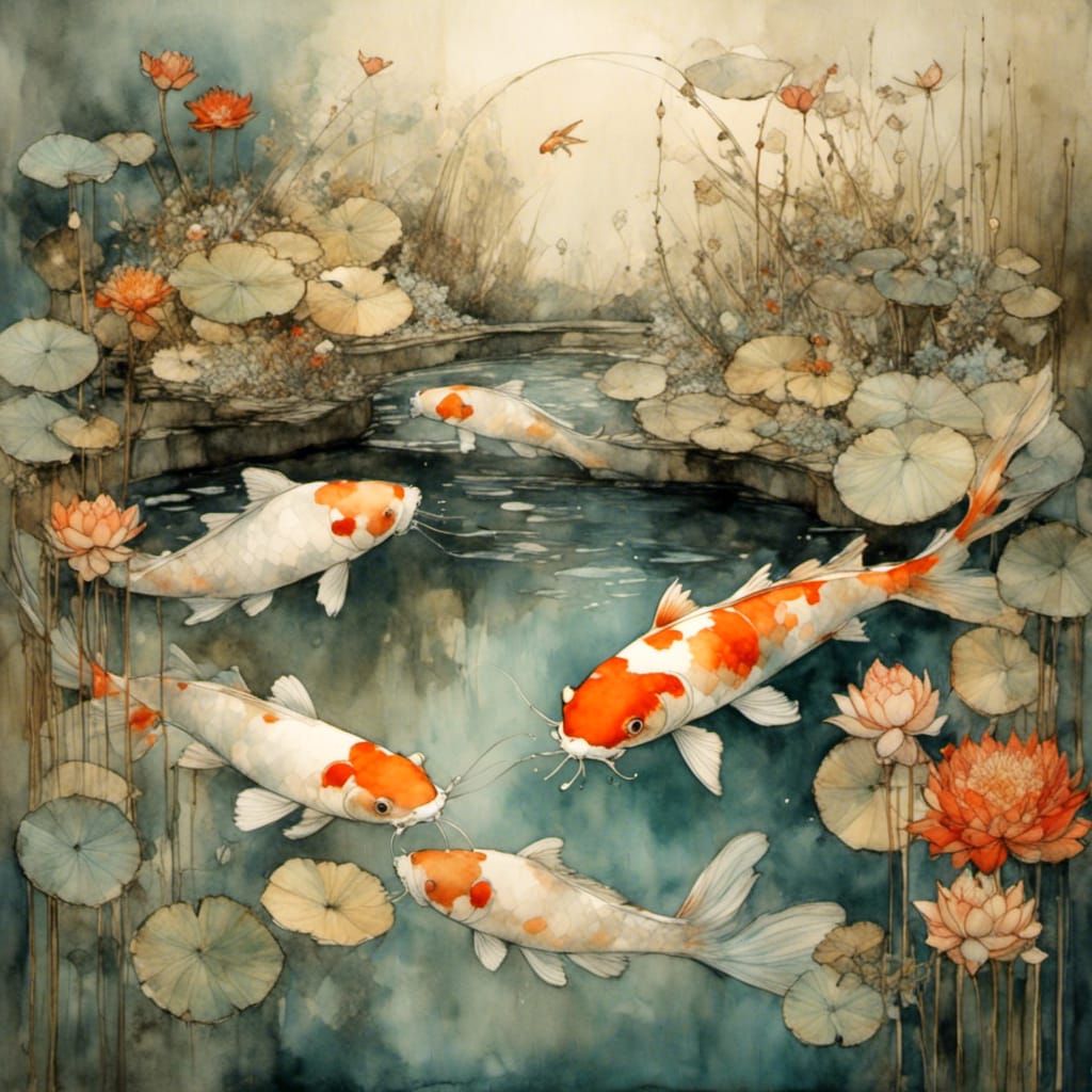 Detailed Koi Pond in Mixed Media Style