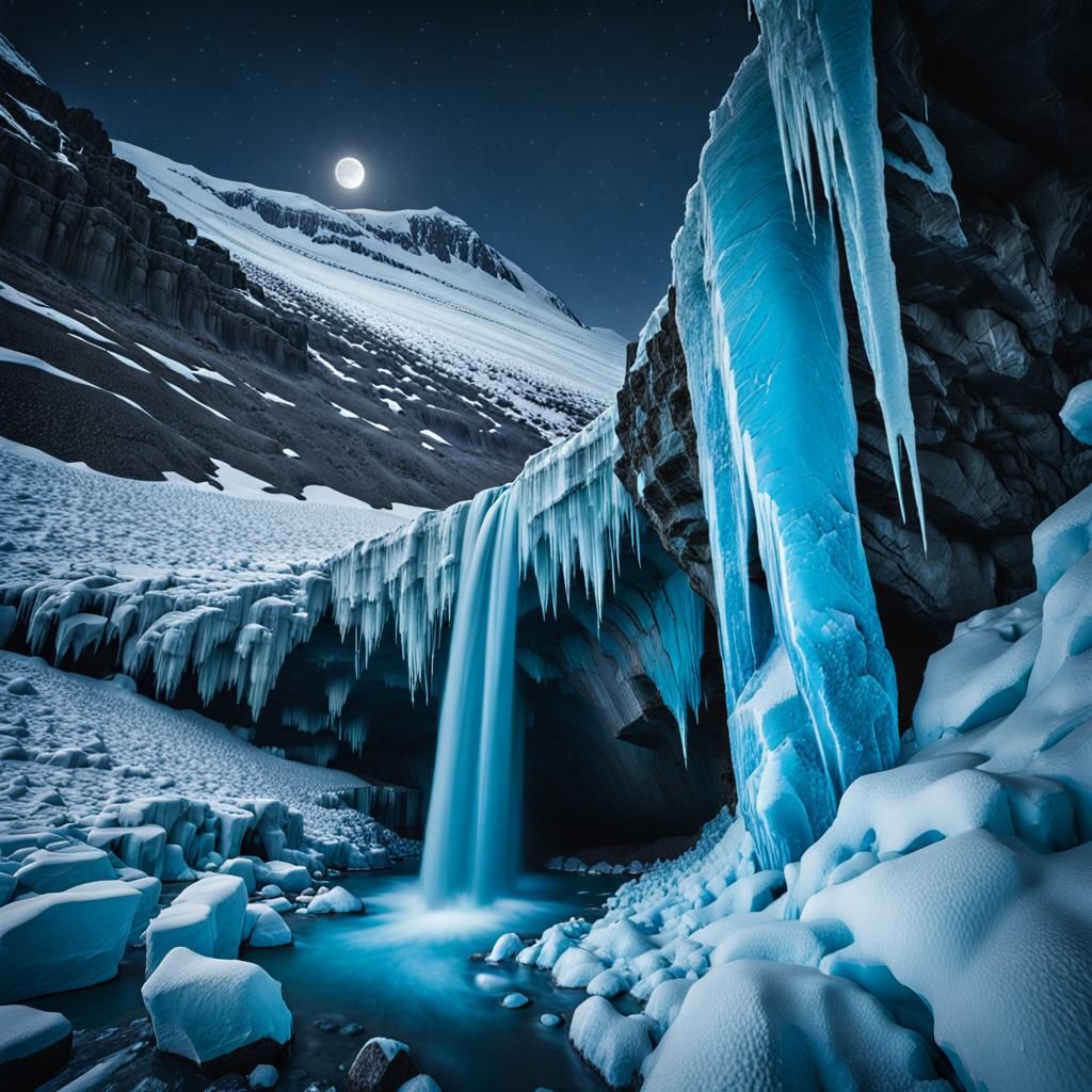 Moonlit Frozen Waterfall in Vatnajokull Glacier