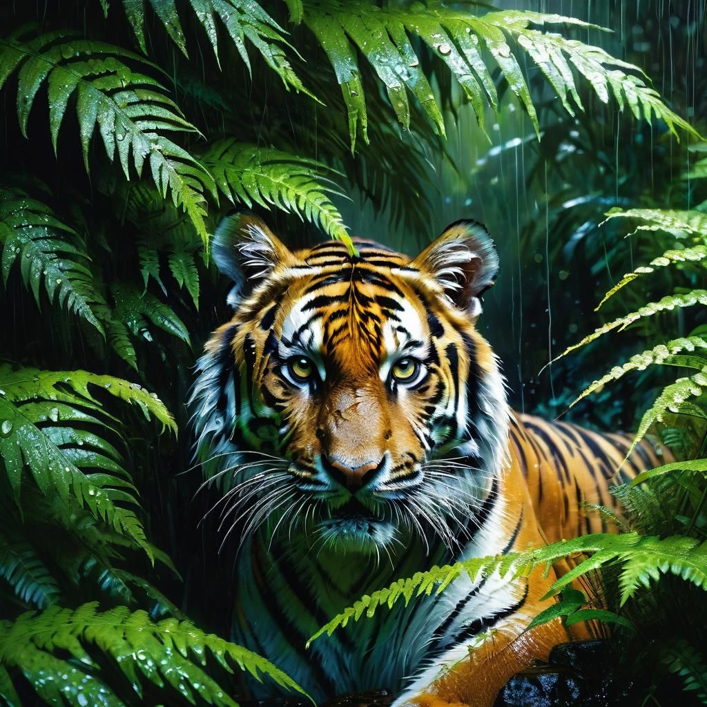 Tiger Hiding from Rain, Detailed Matte Painting