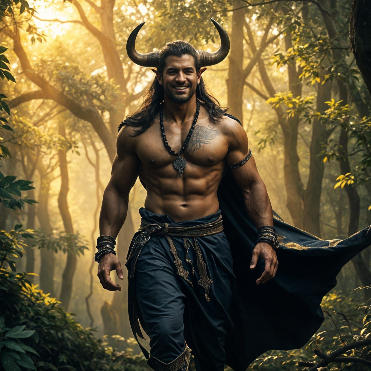 Taurus Zodiac Sign Man Walks in Forest with Bull Horns