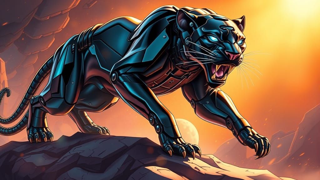Vibrant Biomech Panther Fusion in Comic Book Style
