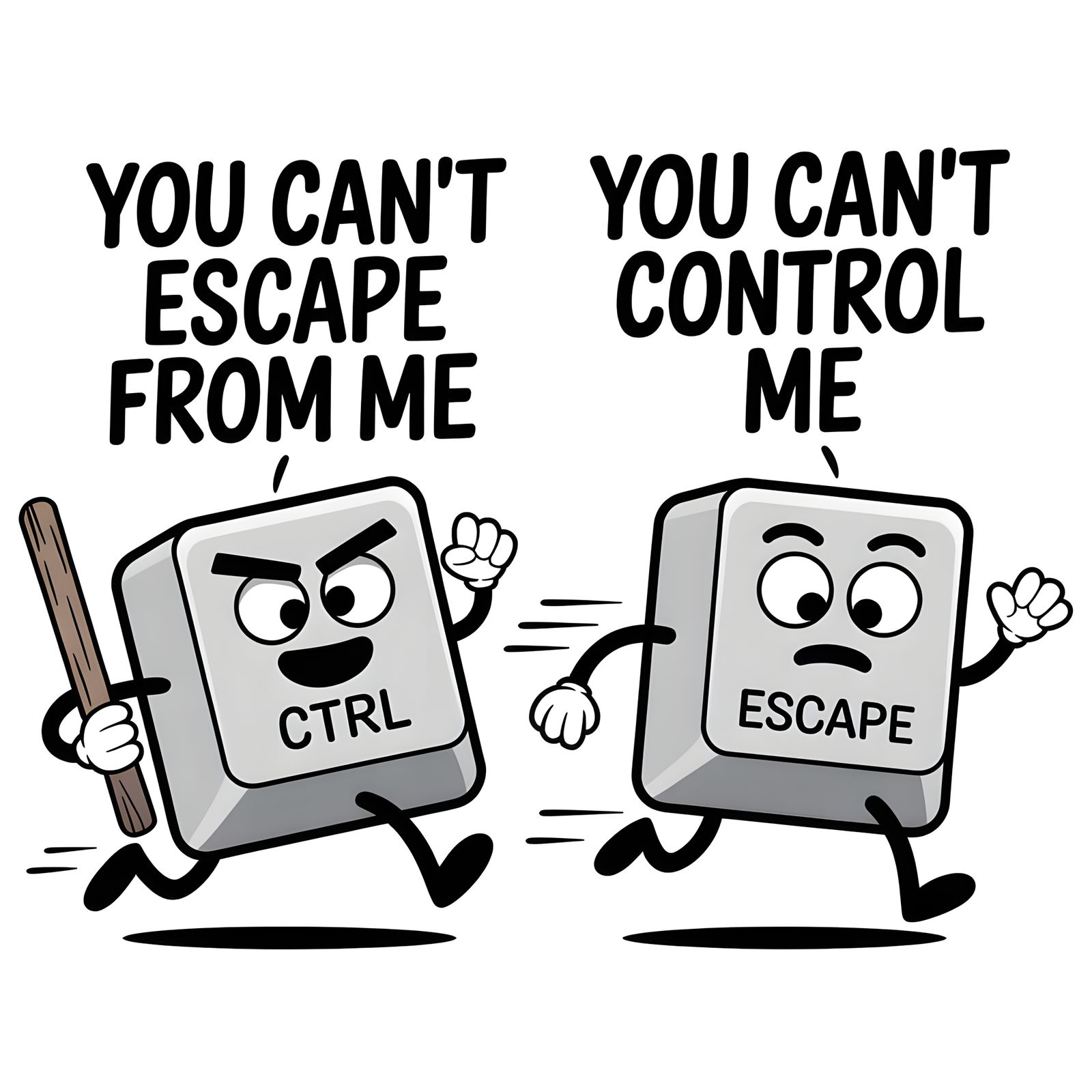 Cartoon of CTRL Key Chasing ESC Key