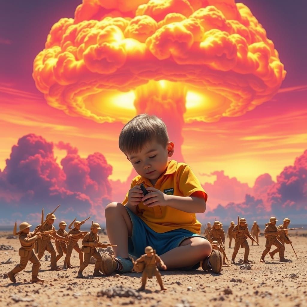 Boy's Playtime Juxtaposed with Nuclear Cloud