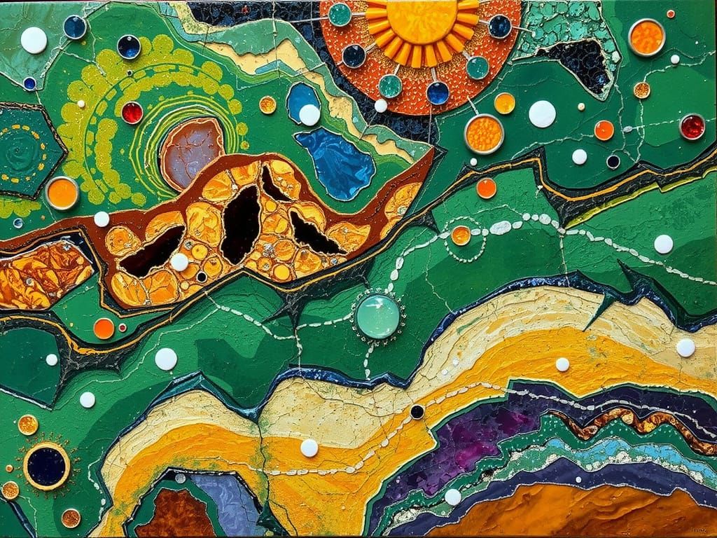 (land scape:1.5), Odilon Redon and Milo Manara, green dominant, hues of gold, ochre, carmine, Malachite, Opal, Azurite, ...