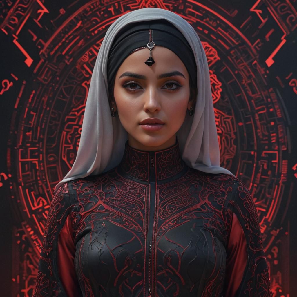 A stunning Hyperrealistic 3D rendering of a Young Arab Woman, meticulously designed using a complex Arabic meander patte...