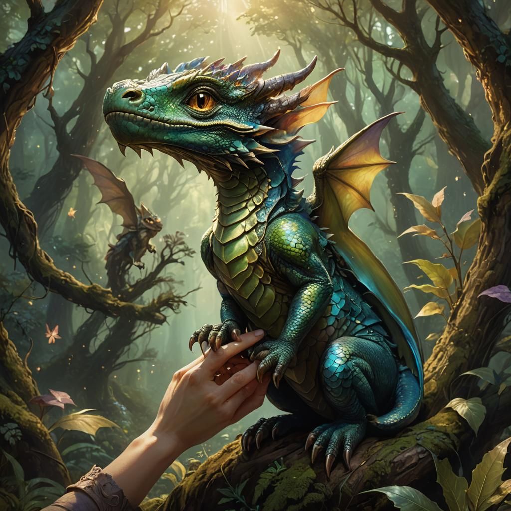Baby Dragon Perched on Finger in Mystical Forest