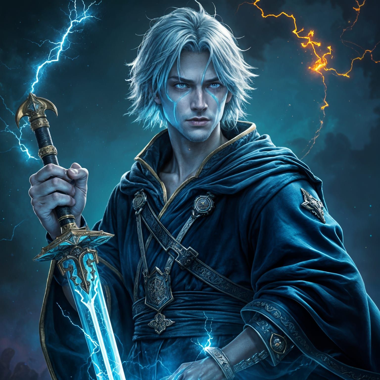 Male Mage with Lightning Marks, Fantasy Concept Art