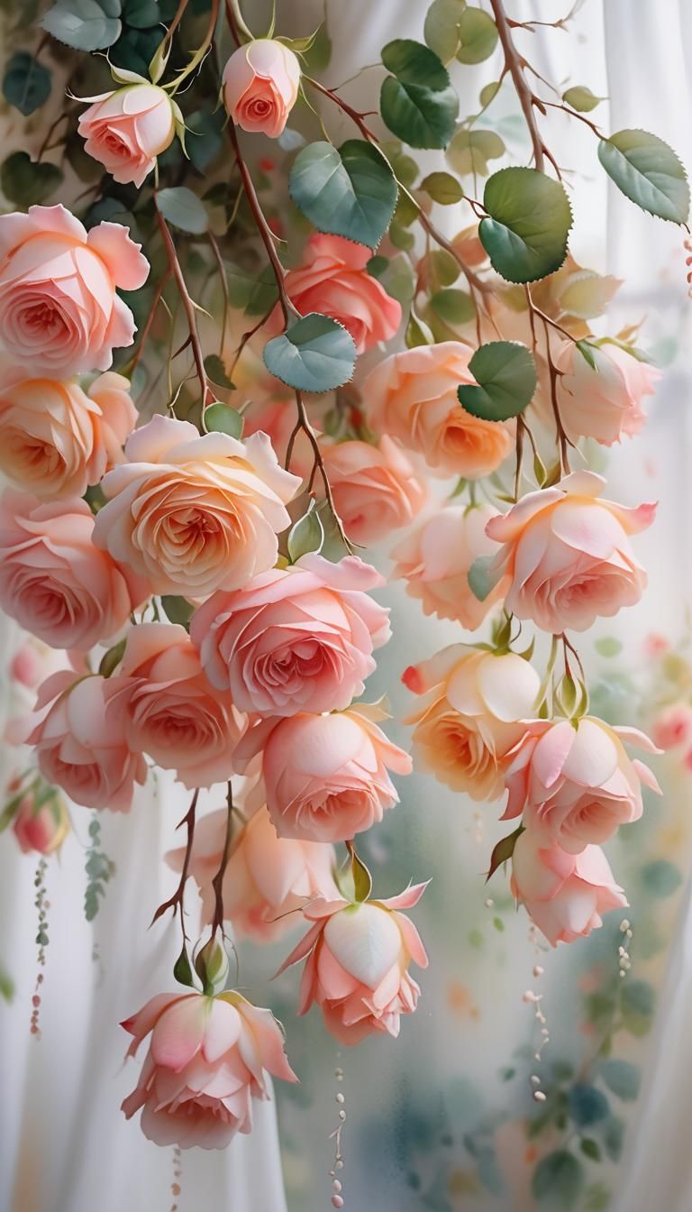 Impressionist Rose Branches in Watercolor Style