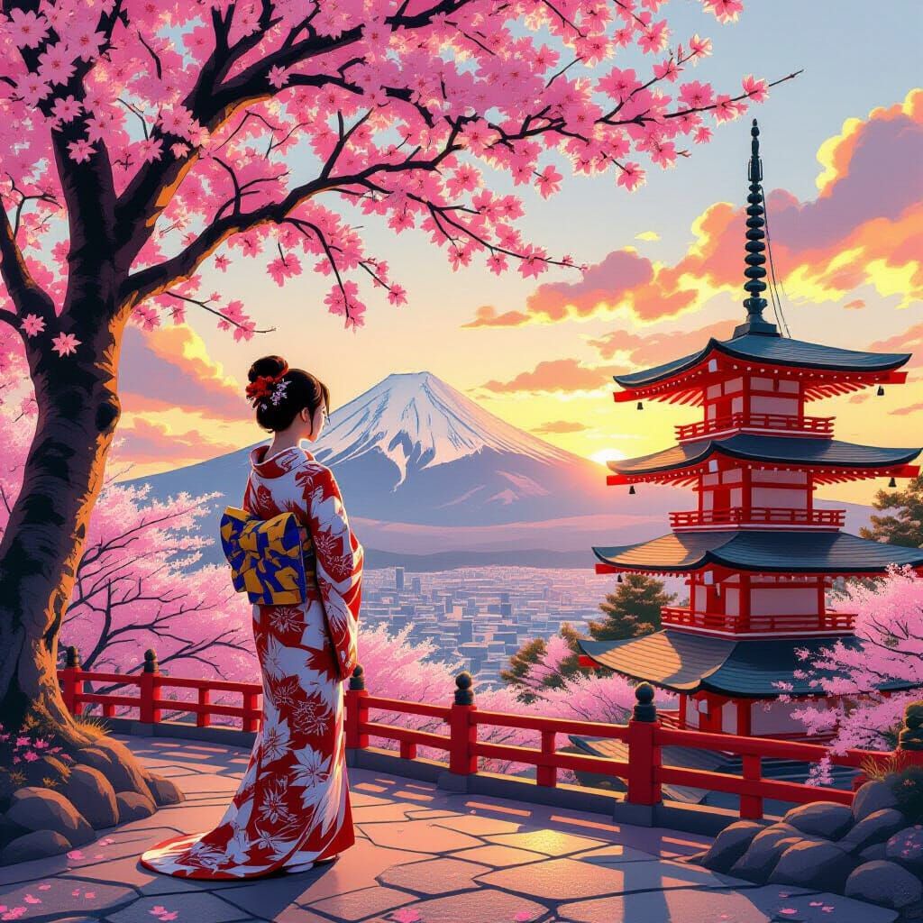 Serene Woman Under Cherry Blossoms, Japan
