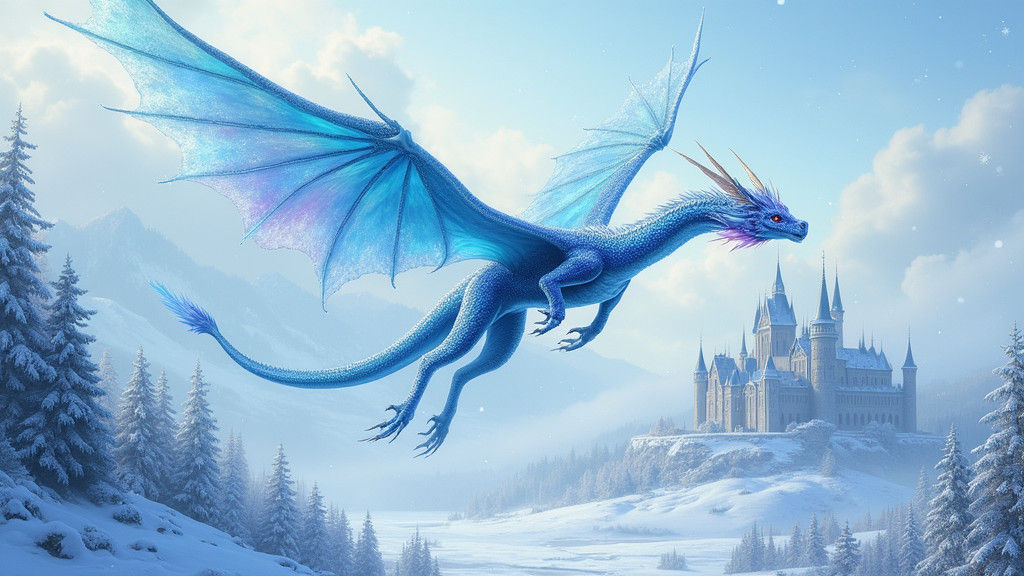 Ethereal Dragon Soaring Above Winter Castle