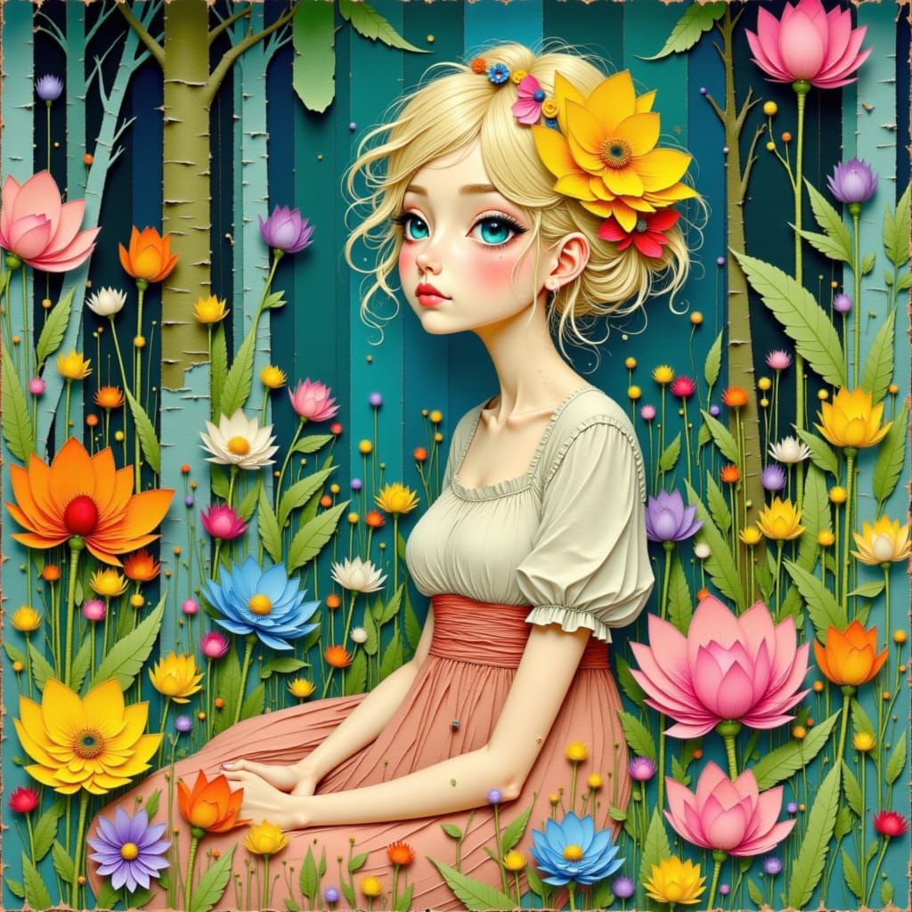 Whimsical Woman in Lush Garden, Dreamy Watercolor Art