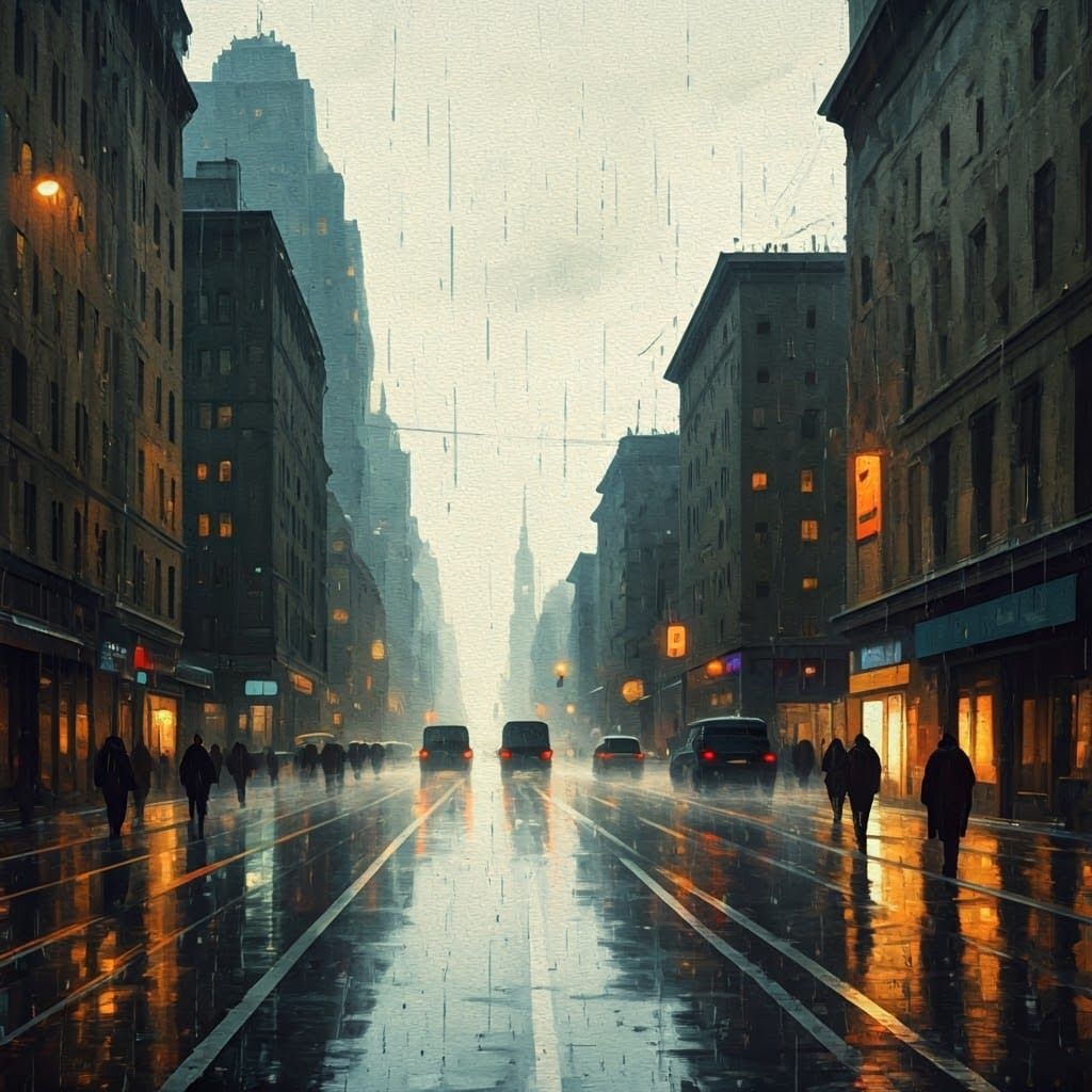 Rainy Cityscape in Impressionist Painting Style