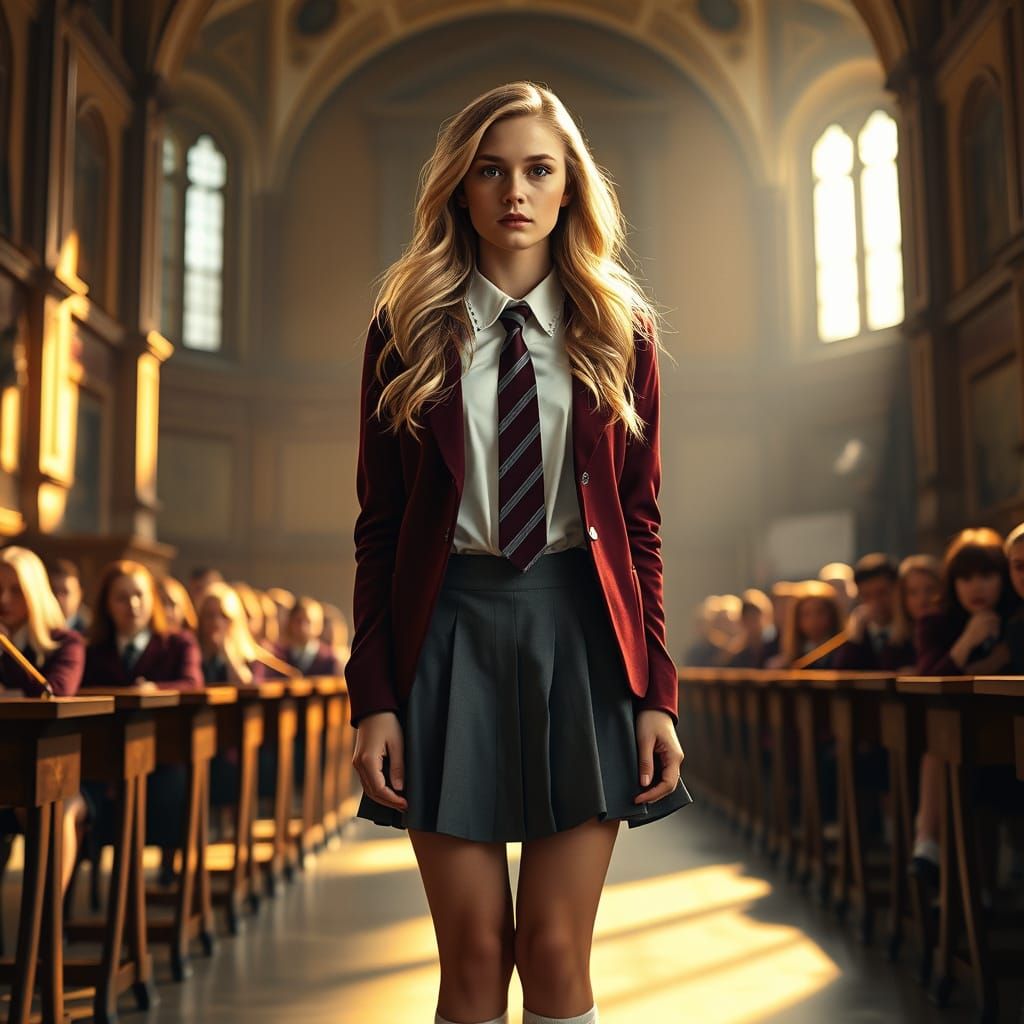 Confident Schoolgirl in Burgundy Blazer and White Blouse