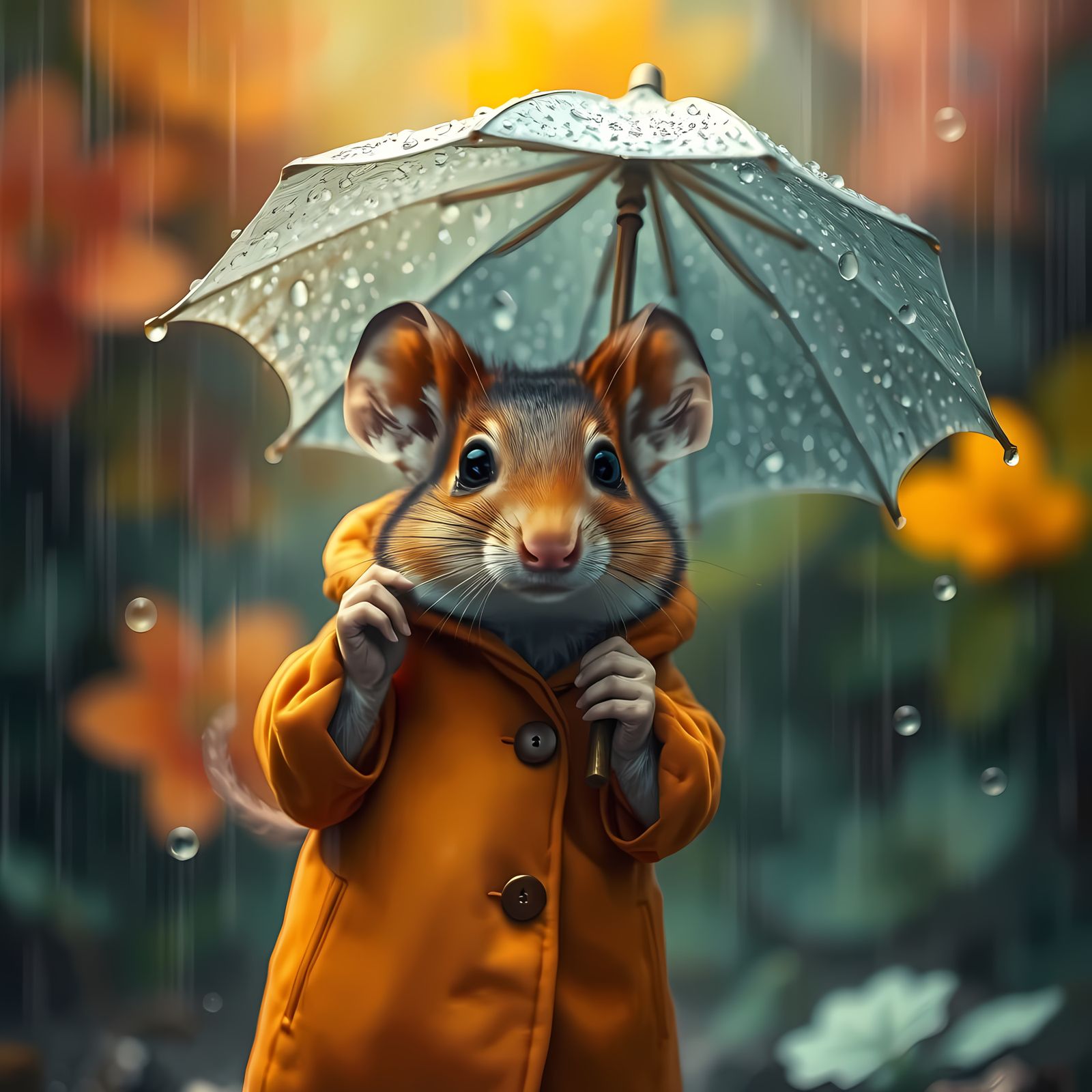 Mouse Under a Hyperrealistic Leaf Umbrella