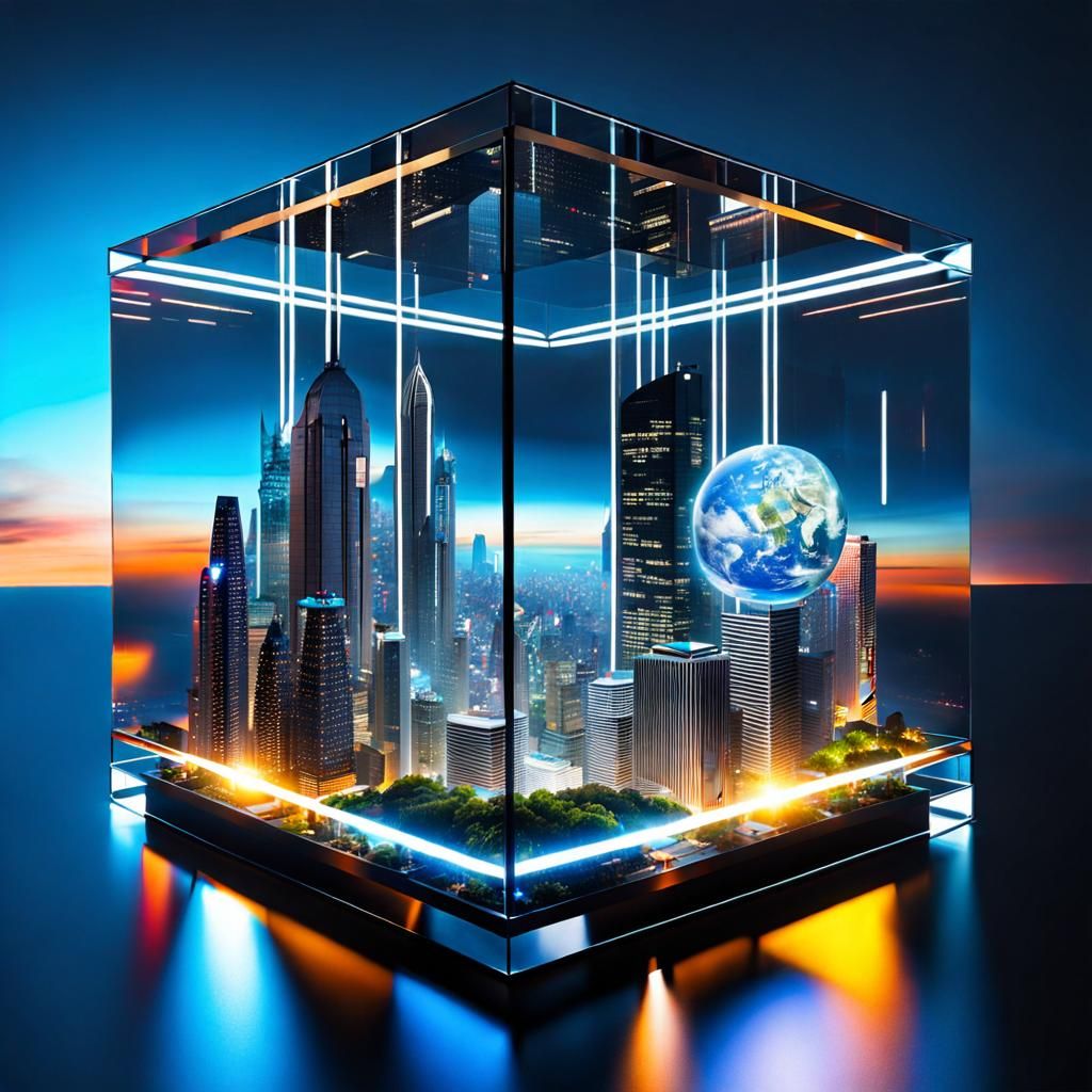 Futuristic World Encased in Glass Cube