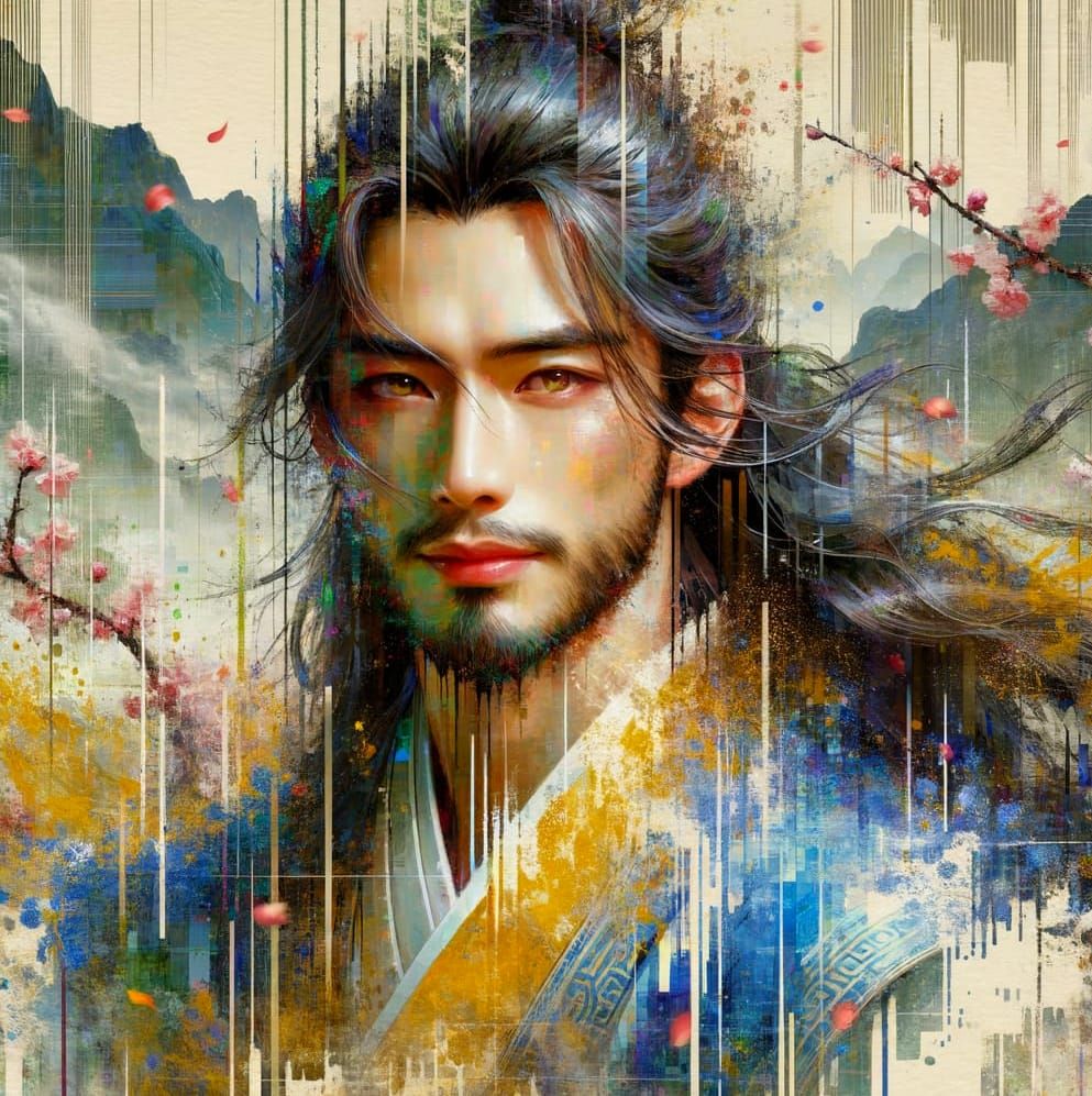 Smiling Asian Man in Rainy Cherry Blossom Scene