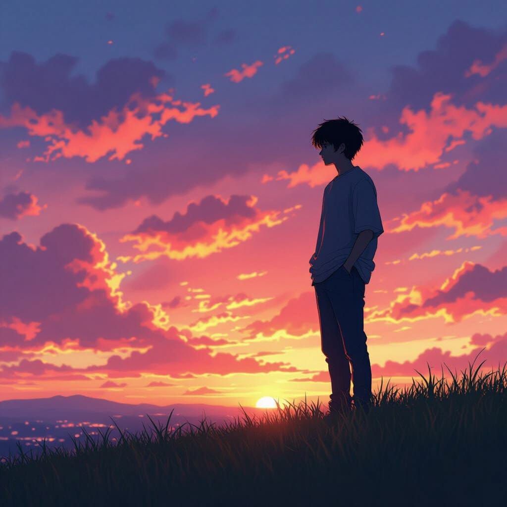 Anime Silhouette: Sunset Contemplation on Grassy Hill