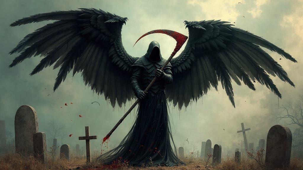 Dark Angel of Death with Feathery Wings and Bloodied Scythe ...