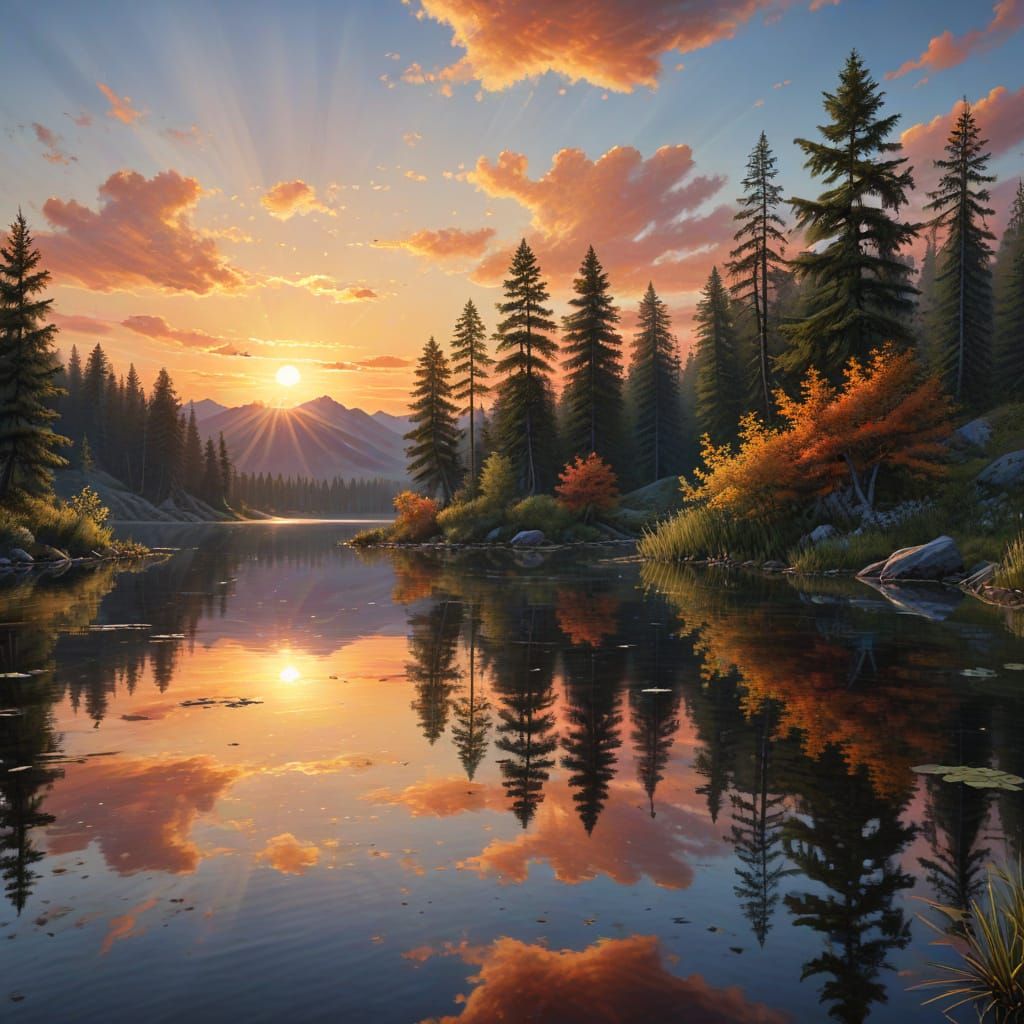 Vibrant Sunset Over Tranquil Lake in Hyper-Realistic Style