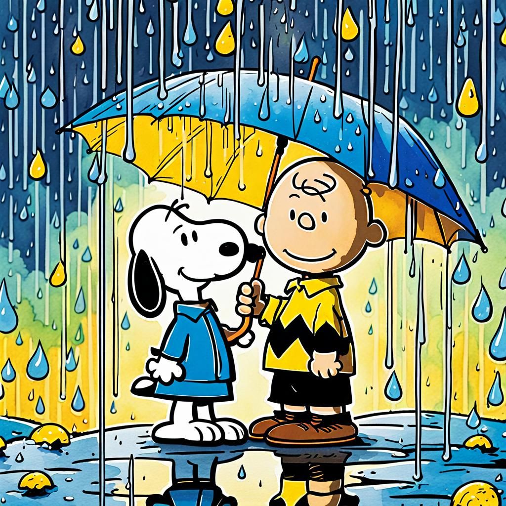 Whimsical Peanuts Comic Strip Scene with Umbrellas and Raind...