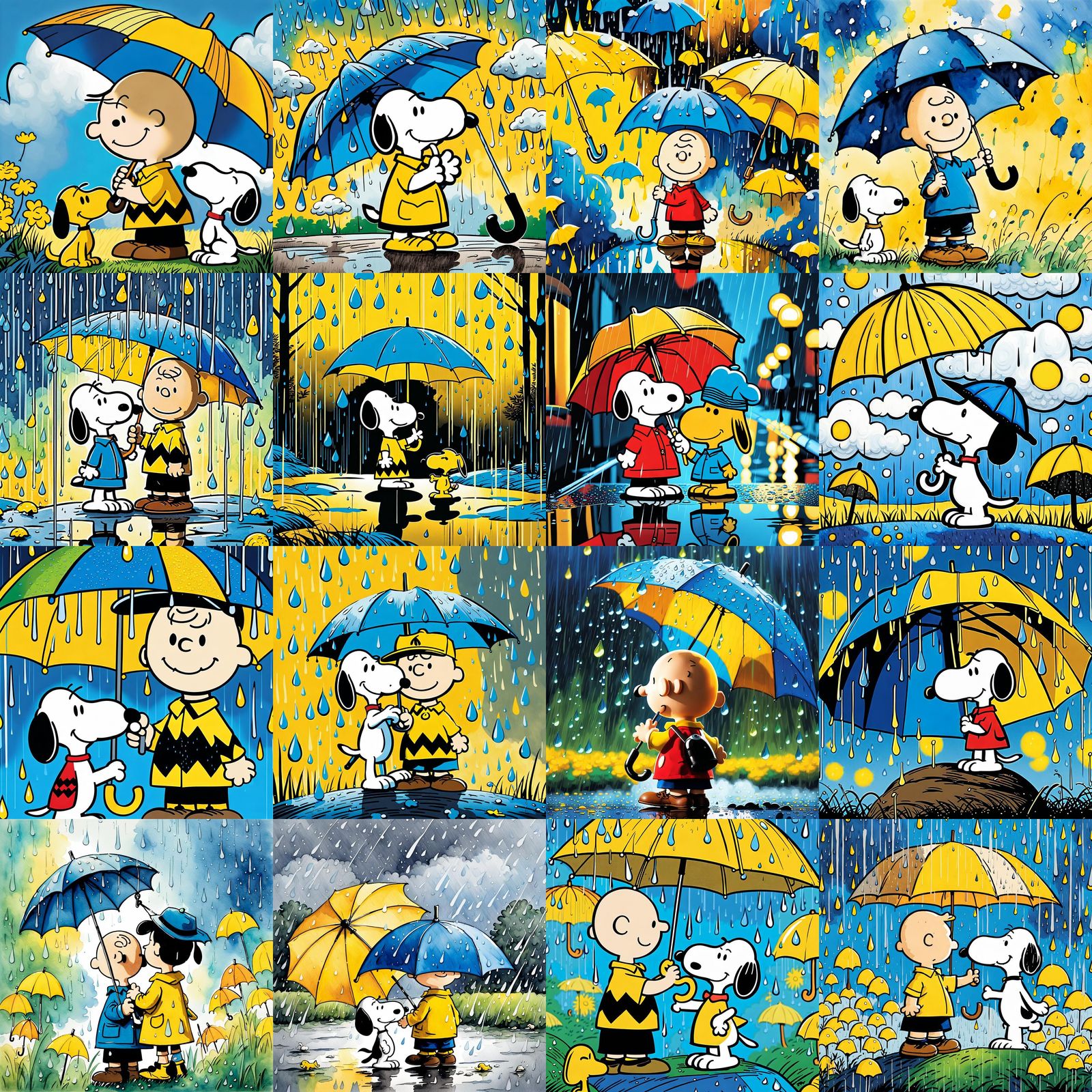Charlie Brown and Snoopy Protect Woodstock in a Bright Rainy...