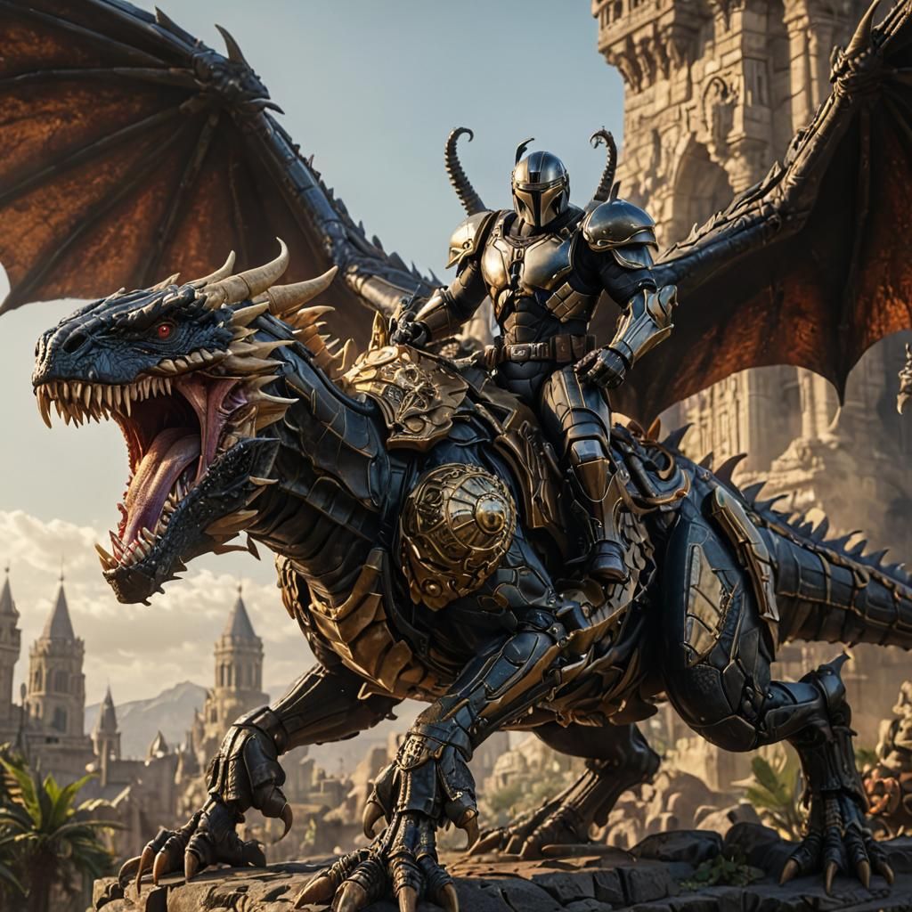 A Venom-Mandalorian-punisher in a medieval_doom_castle riding a dragon-transformer-cyborg-winged that escaped from Juras...