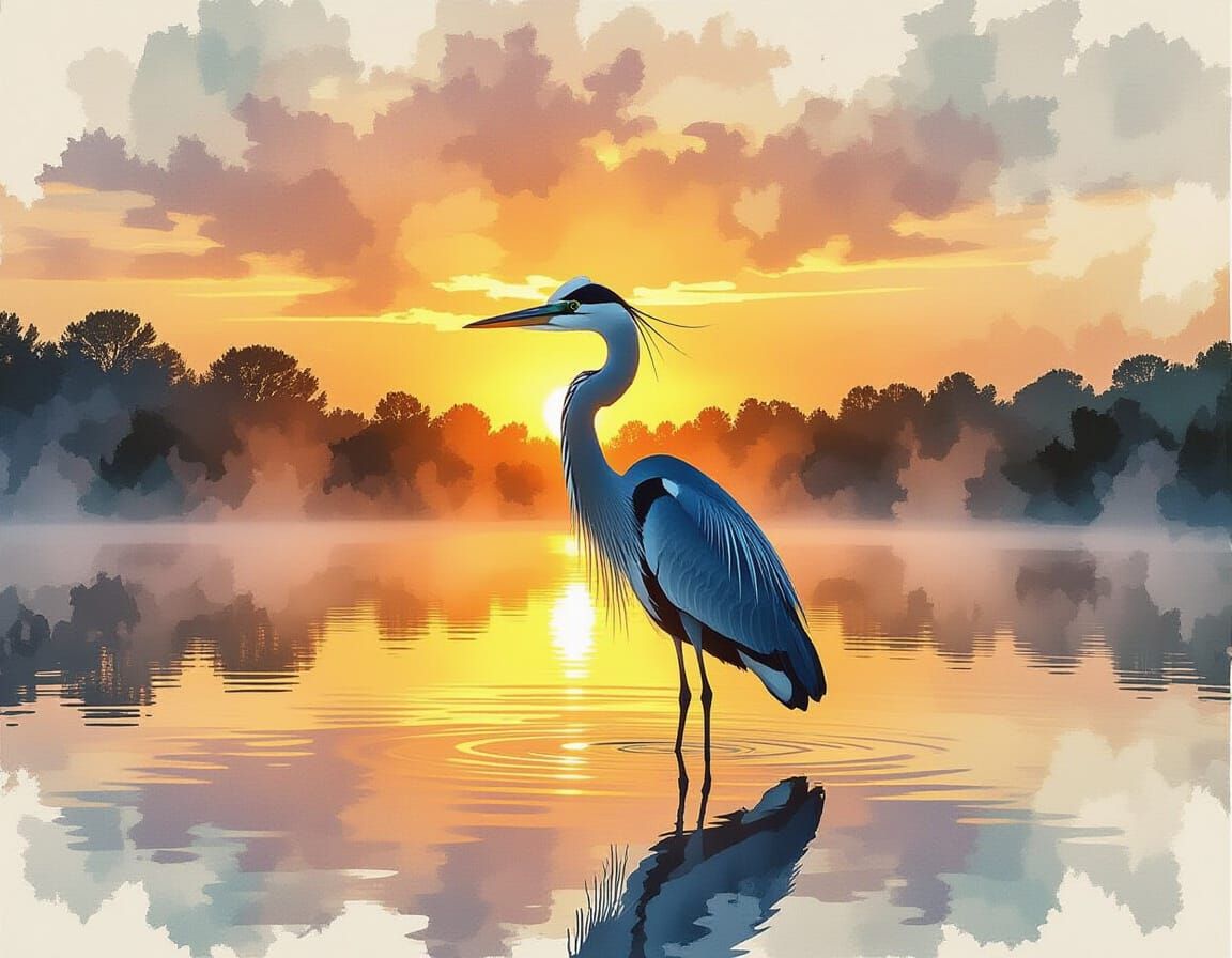 Ethereal Heron at Sunset on Misty Lake