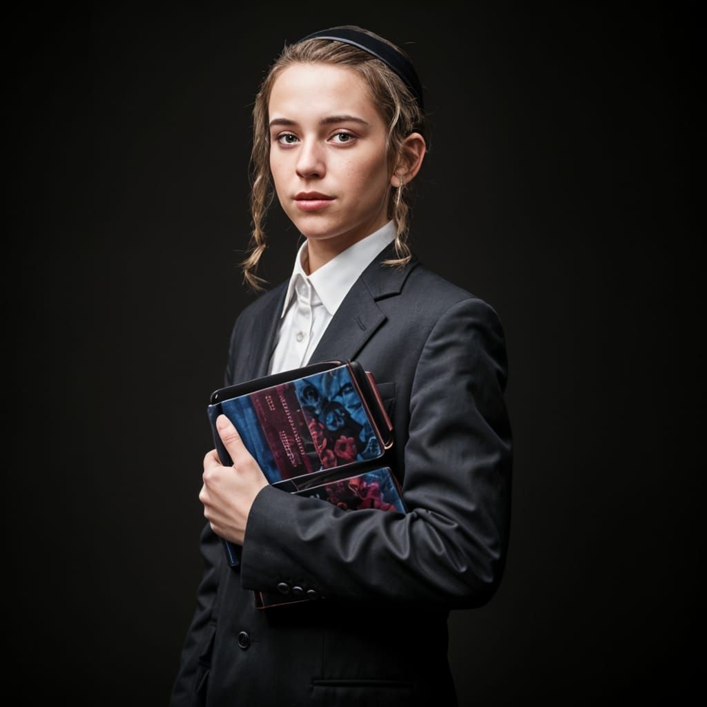 17-Year-Old Hasidic Boy in Traditional Attire, Holding Velve...